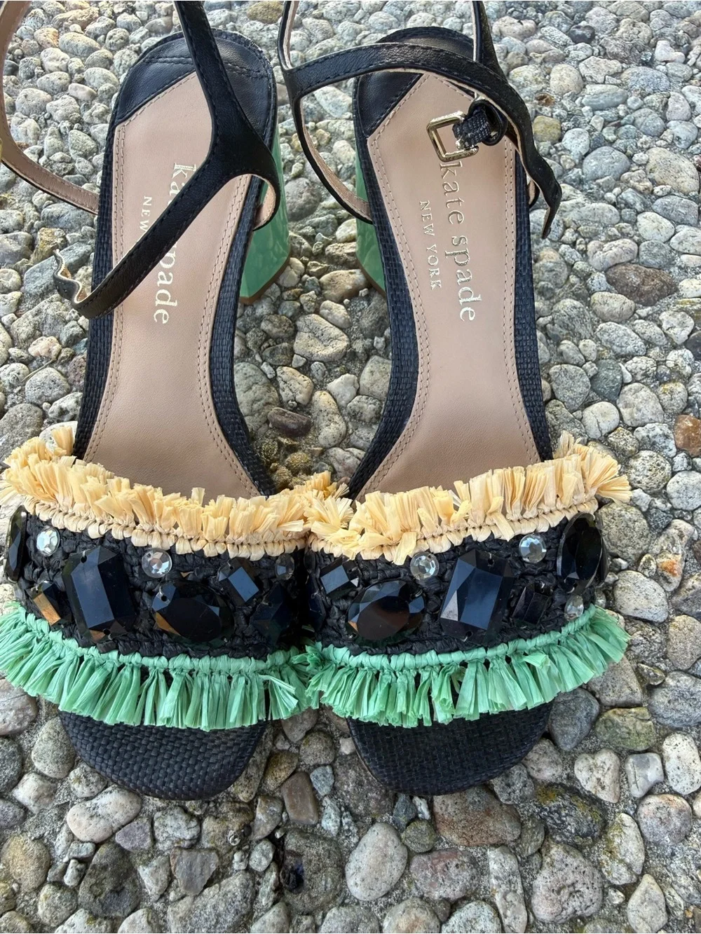 kate spade Black Sandals with Cream & Mint Fringe and Jewel Embellishments
